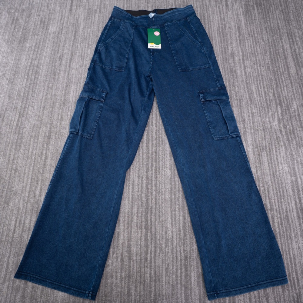 Halara Cargo Pants Womens M Petite Blue NWT Wide Leg Denim Look Pull On Stretchy